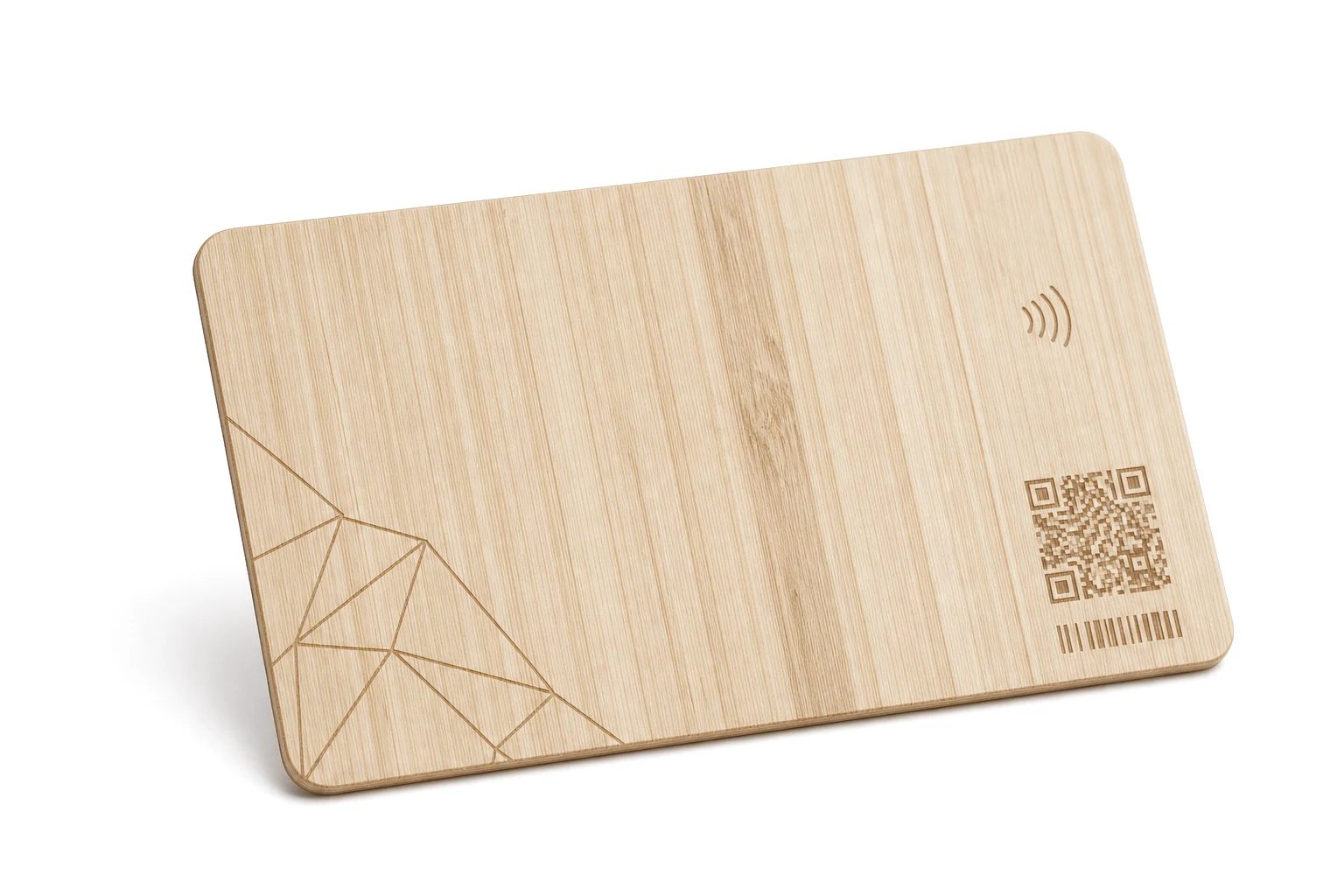 Bamboo card with laser linework and QR zone