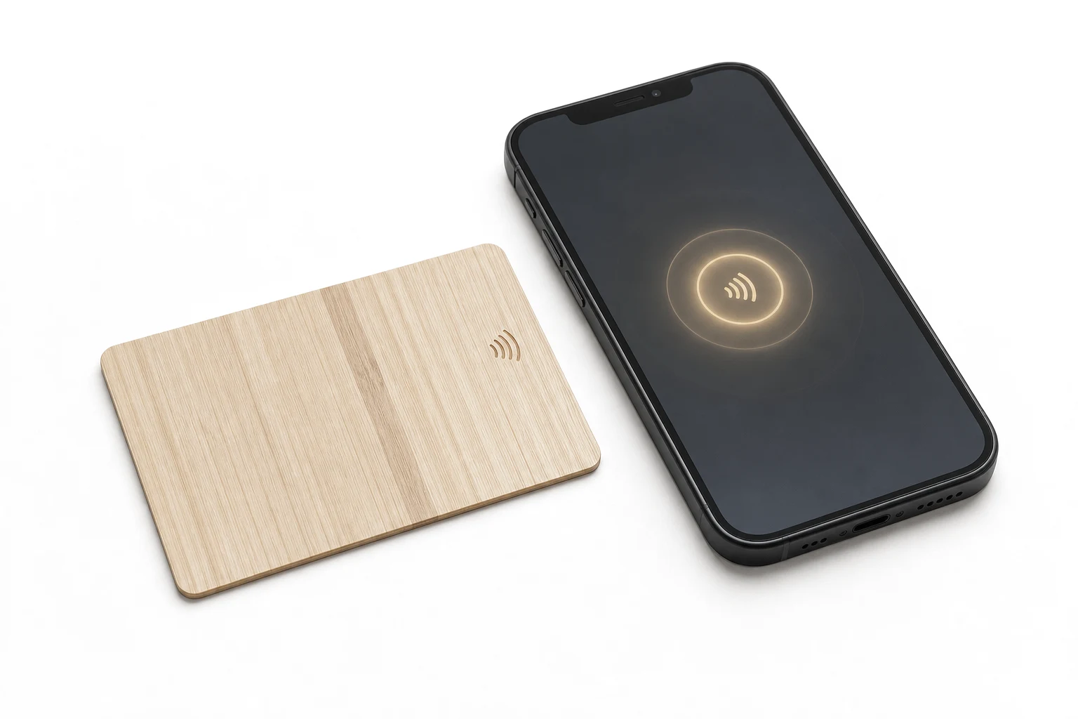 Bamboo NFC card beside smartphone