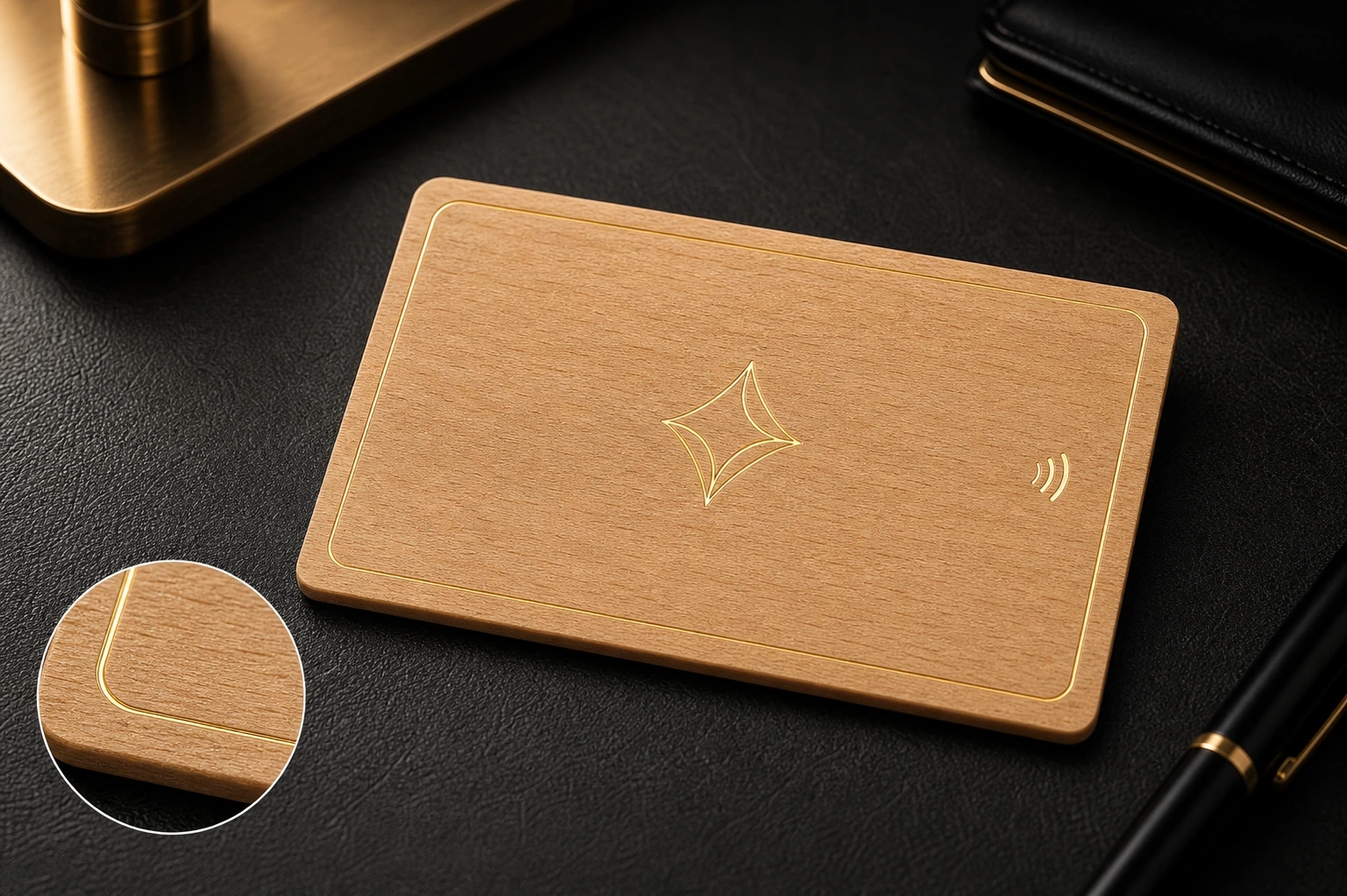 Beech wood RFID card with gold colored edge line