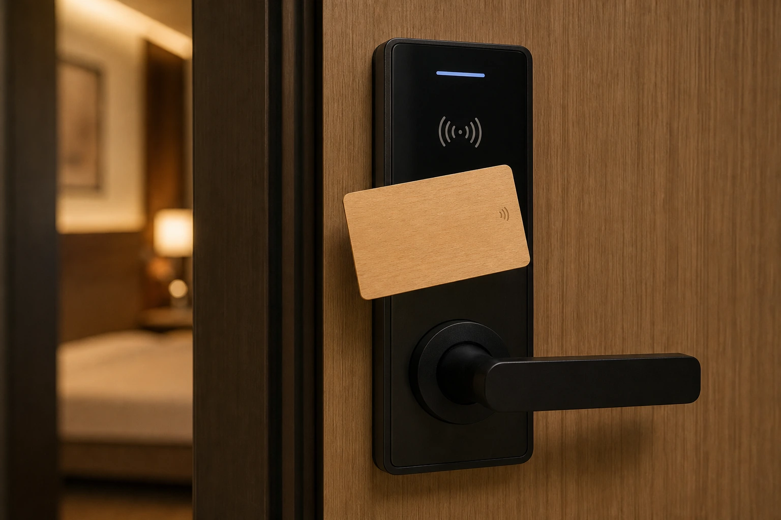 programmable 125 kHz wooden credential tested on a hotel lock