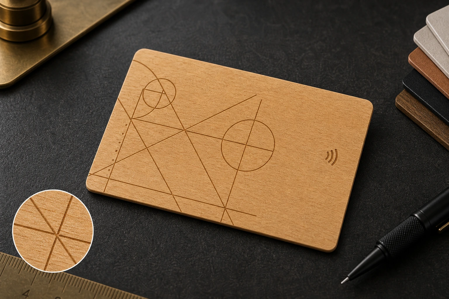 Fine geometric laser mark on beech wooden RFID card