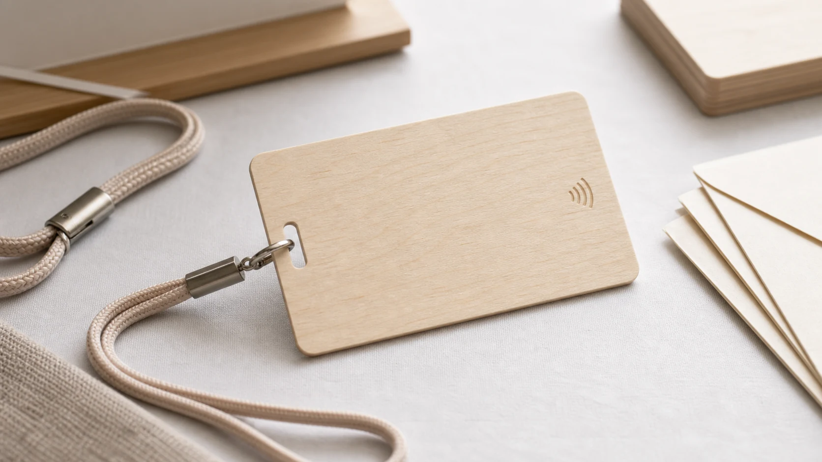Birch event card with lanyard slot