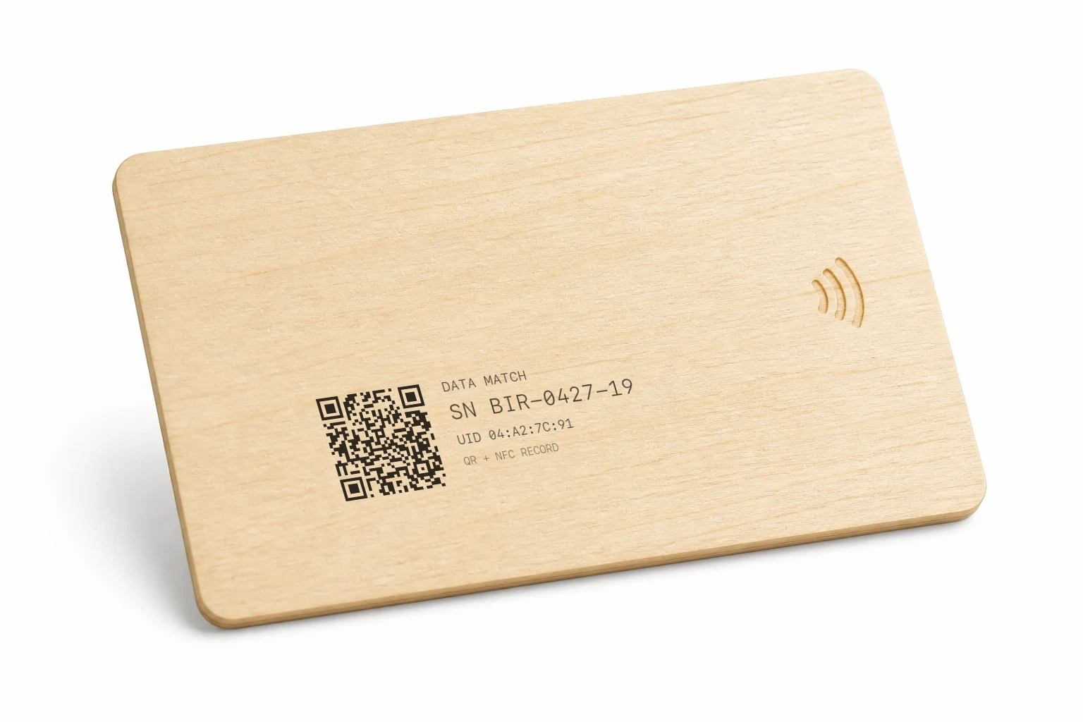 Birch card back with QR code and serial number