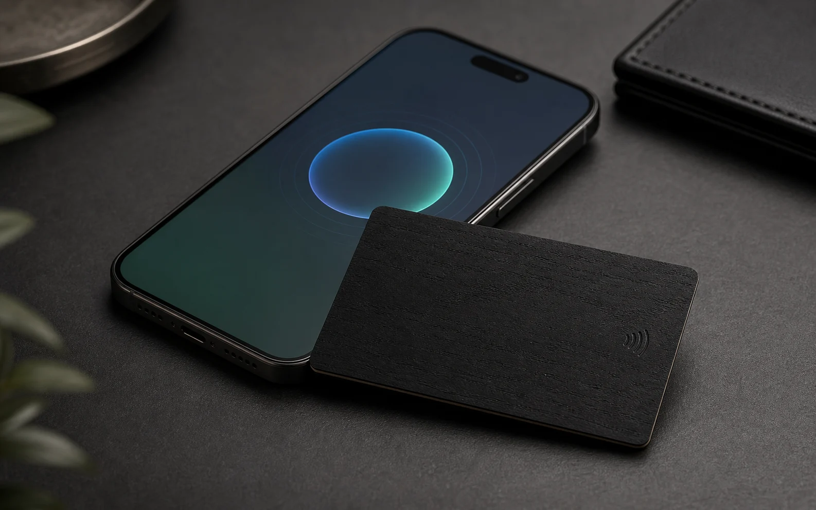 Black wood NFC card beside smartphone