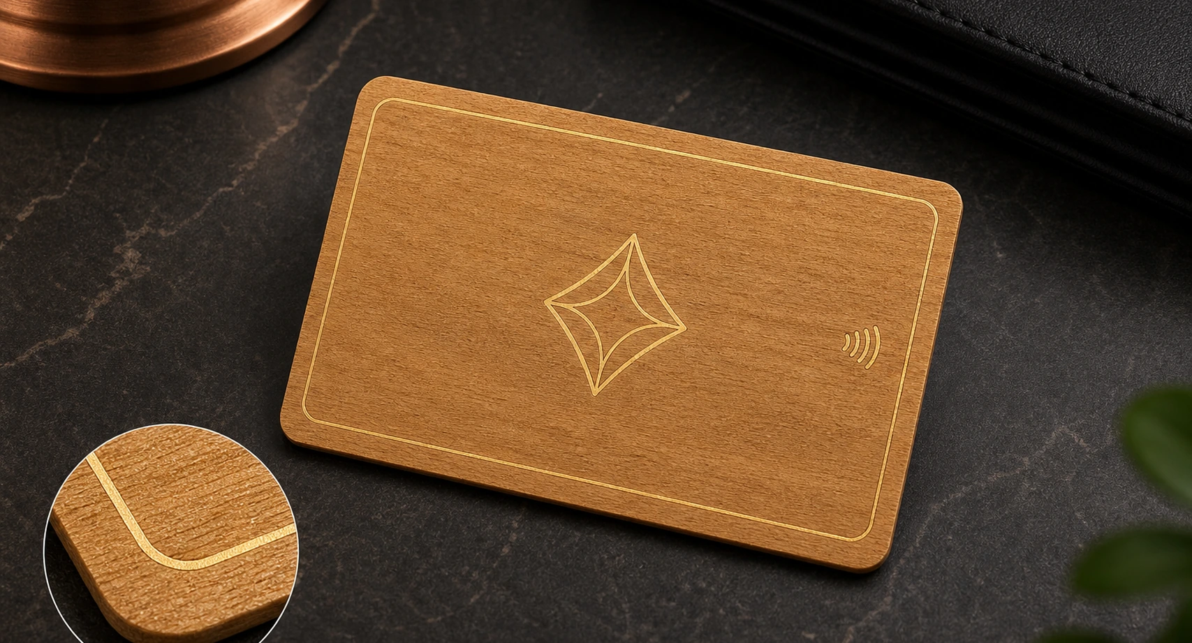 Gold colored border line on cherry wooden RFID card