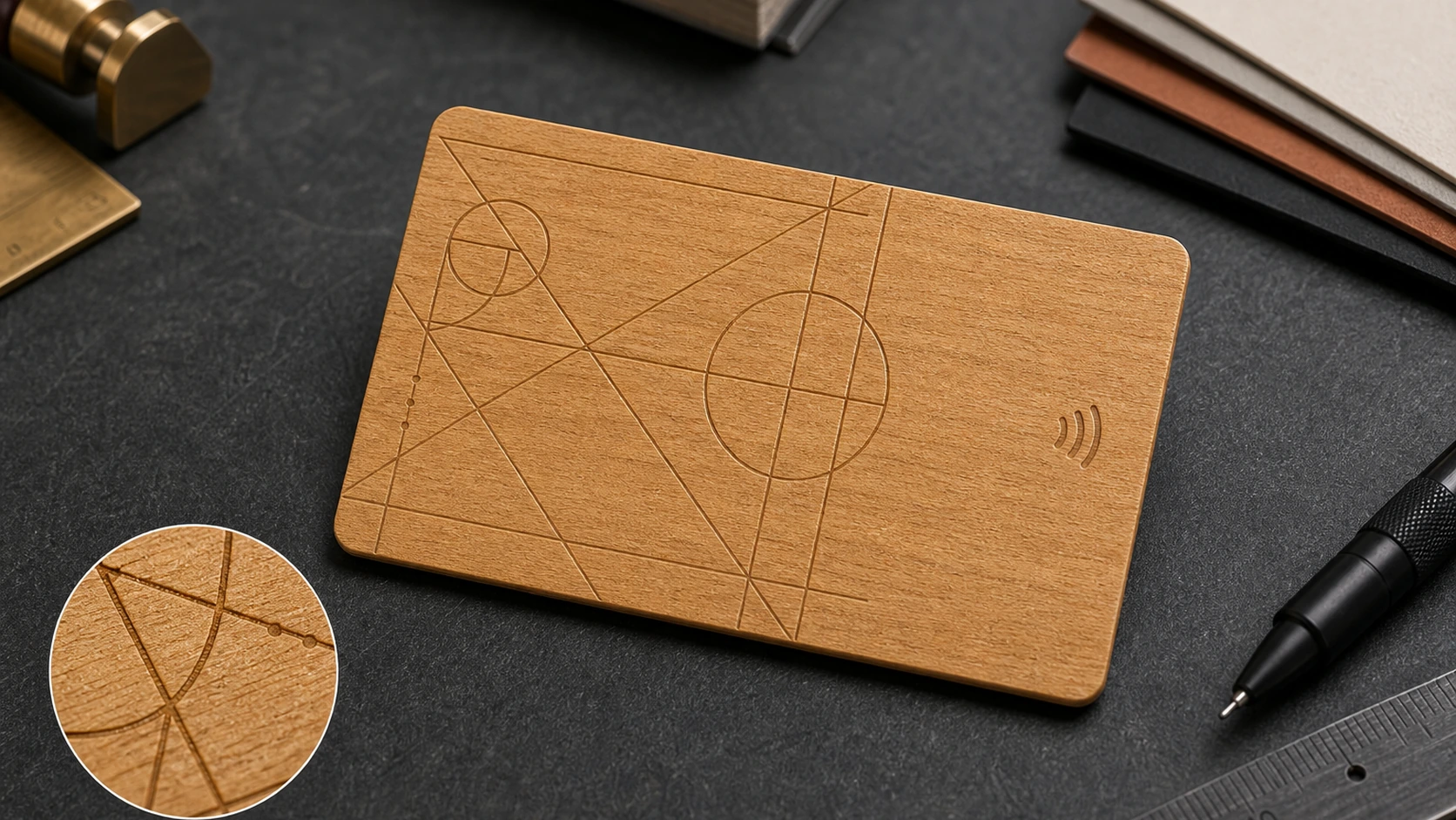 Laser engraved linework on cherry wooden RFID card