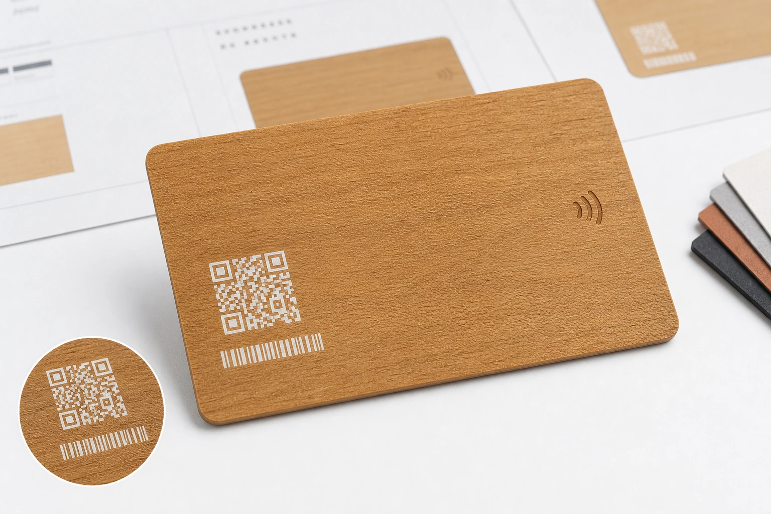 Cherry wooden RFID card with QR and serial white print