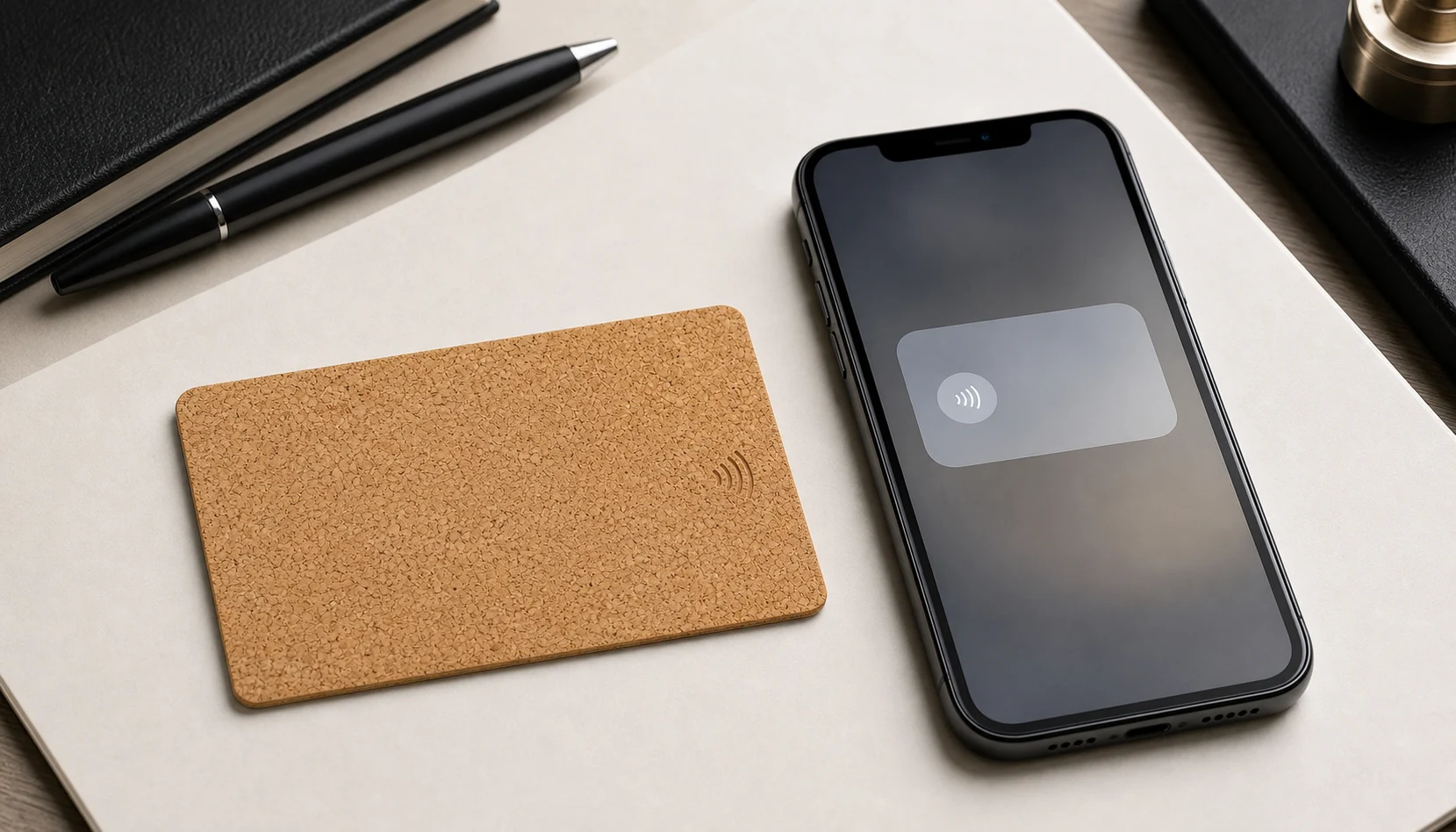 Cork NFC card beside smartphone