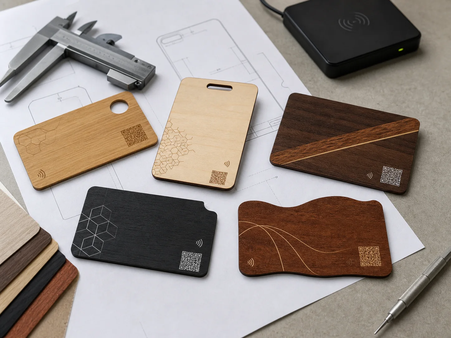 Custom wooden RFID card dieline review with slots holes and mixed veneer details