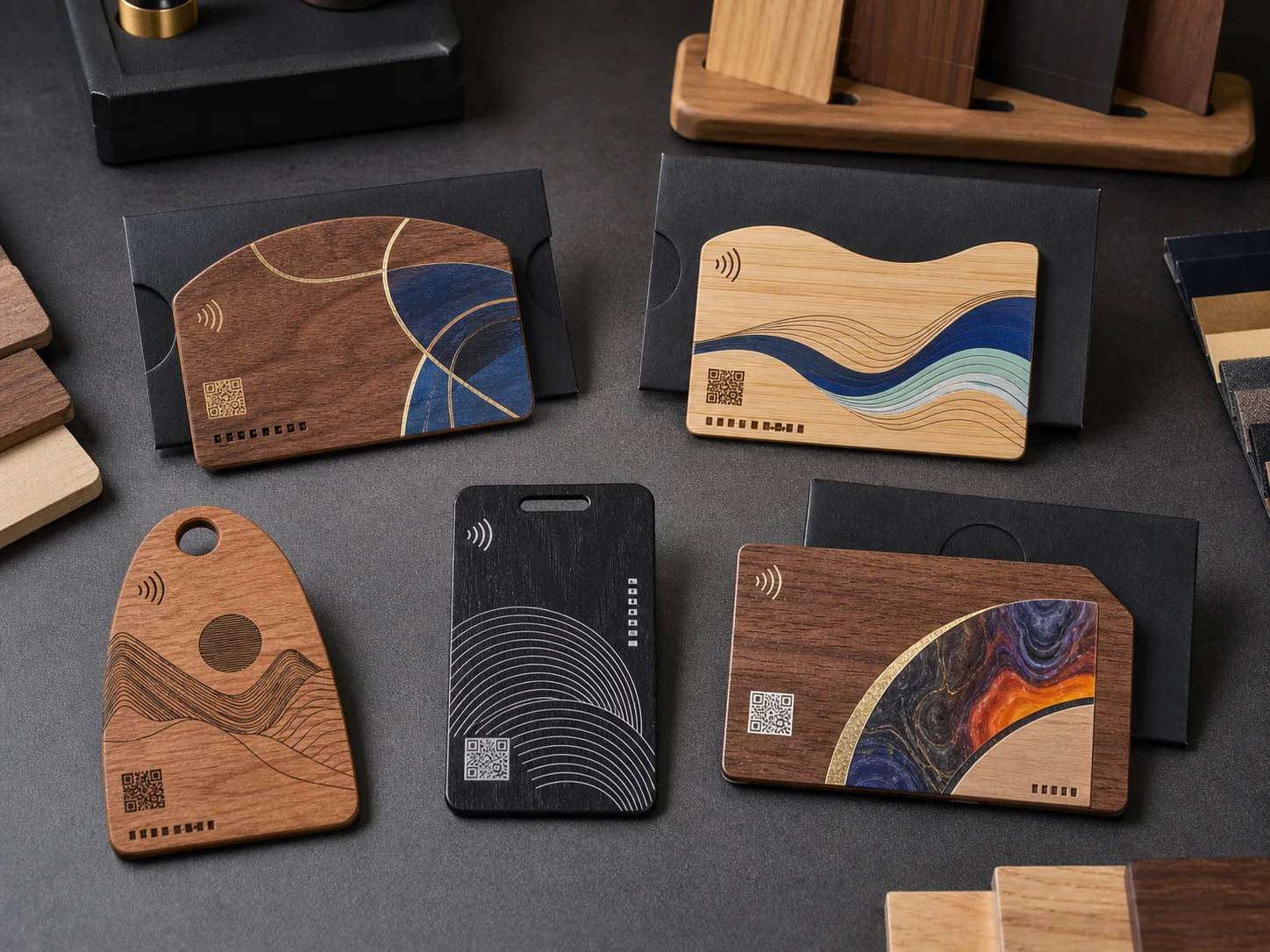 Finished custom shape wooden RFID cards showing print features and QR serial areas
