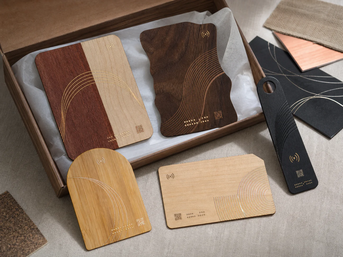 Custom wood RFID card sample kit with mixed veneers and feature options