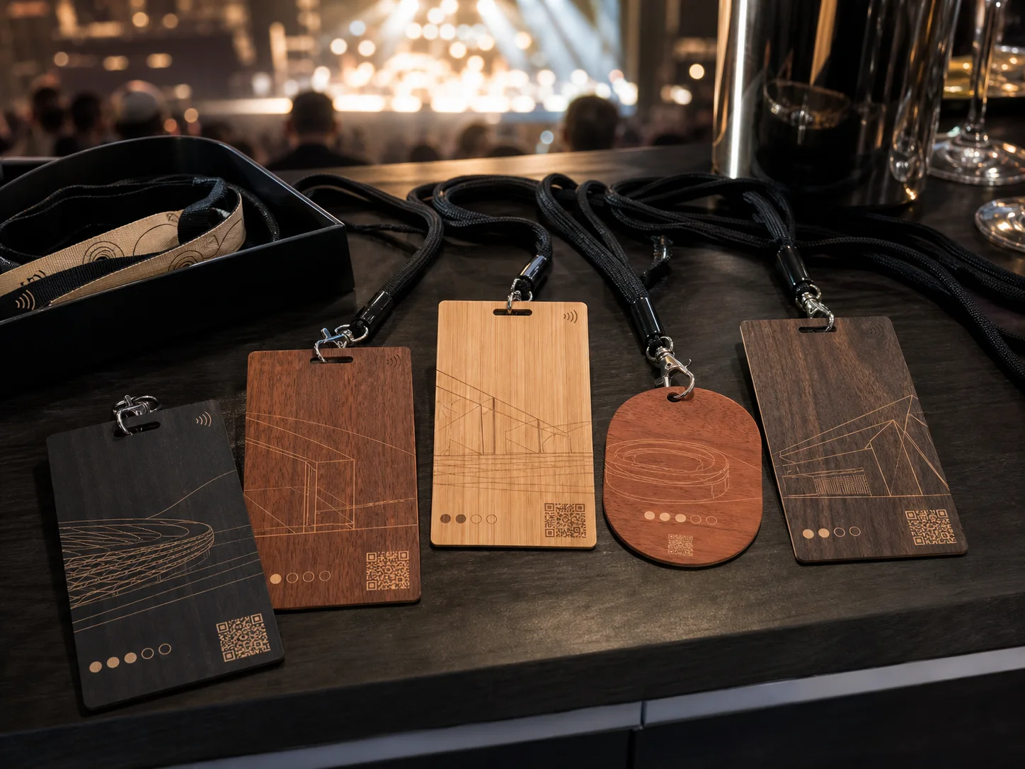 Wooden VIP and backstage event passes with black lanyards