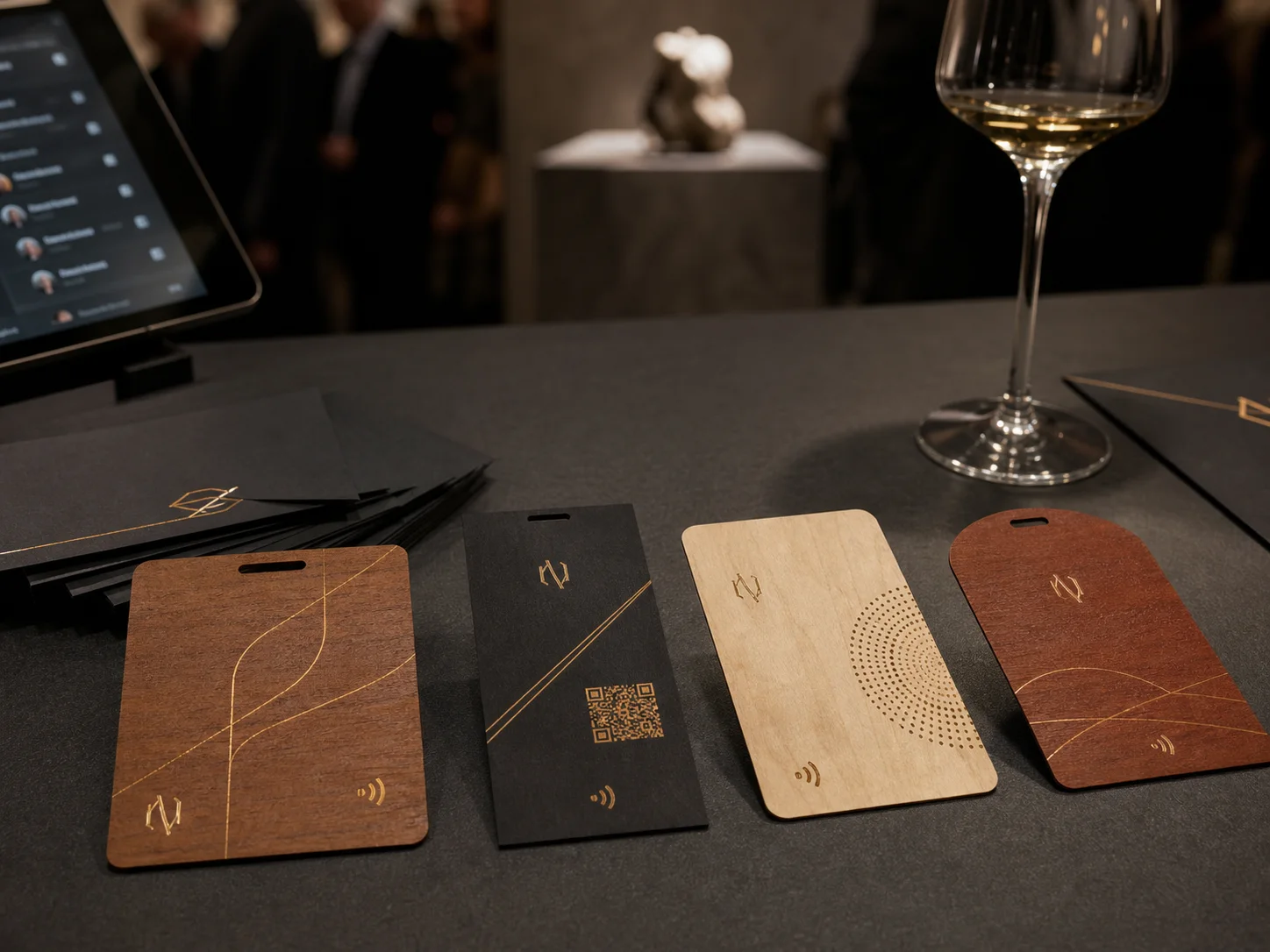 Elegant wooden invitation passes for a private product launch