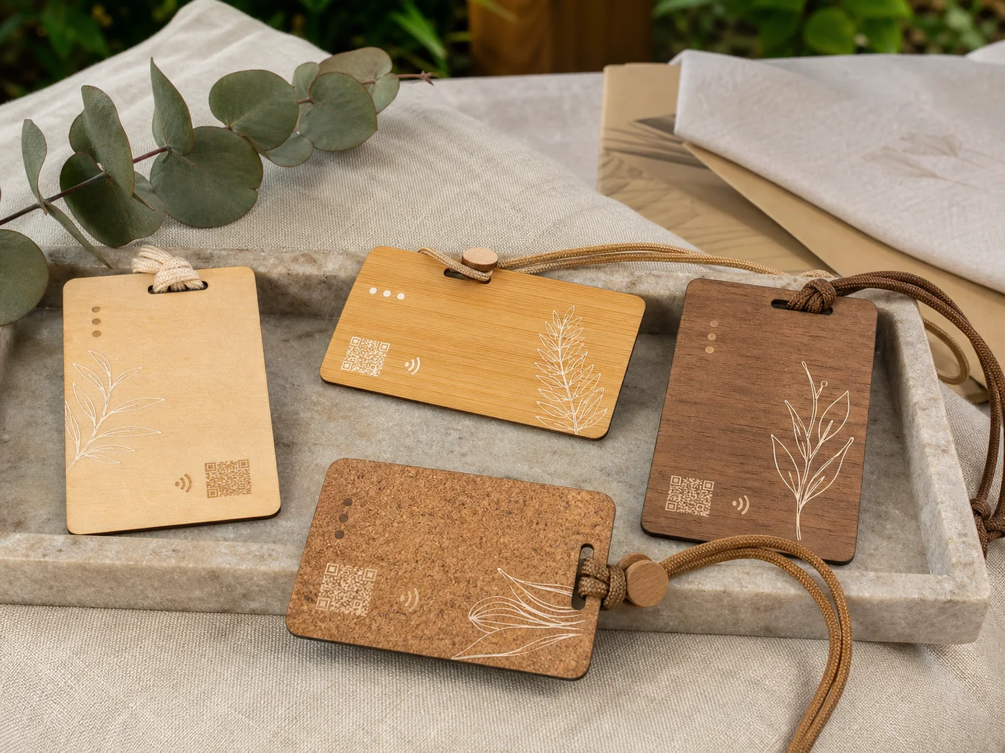 Natural wooden retreat event passes with woven lanyards