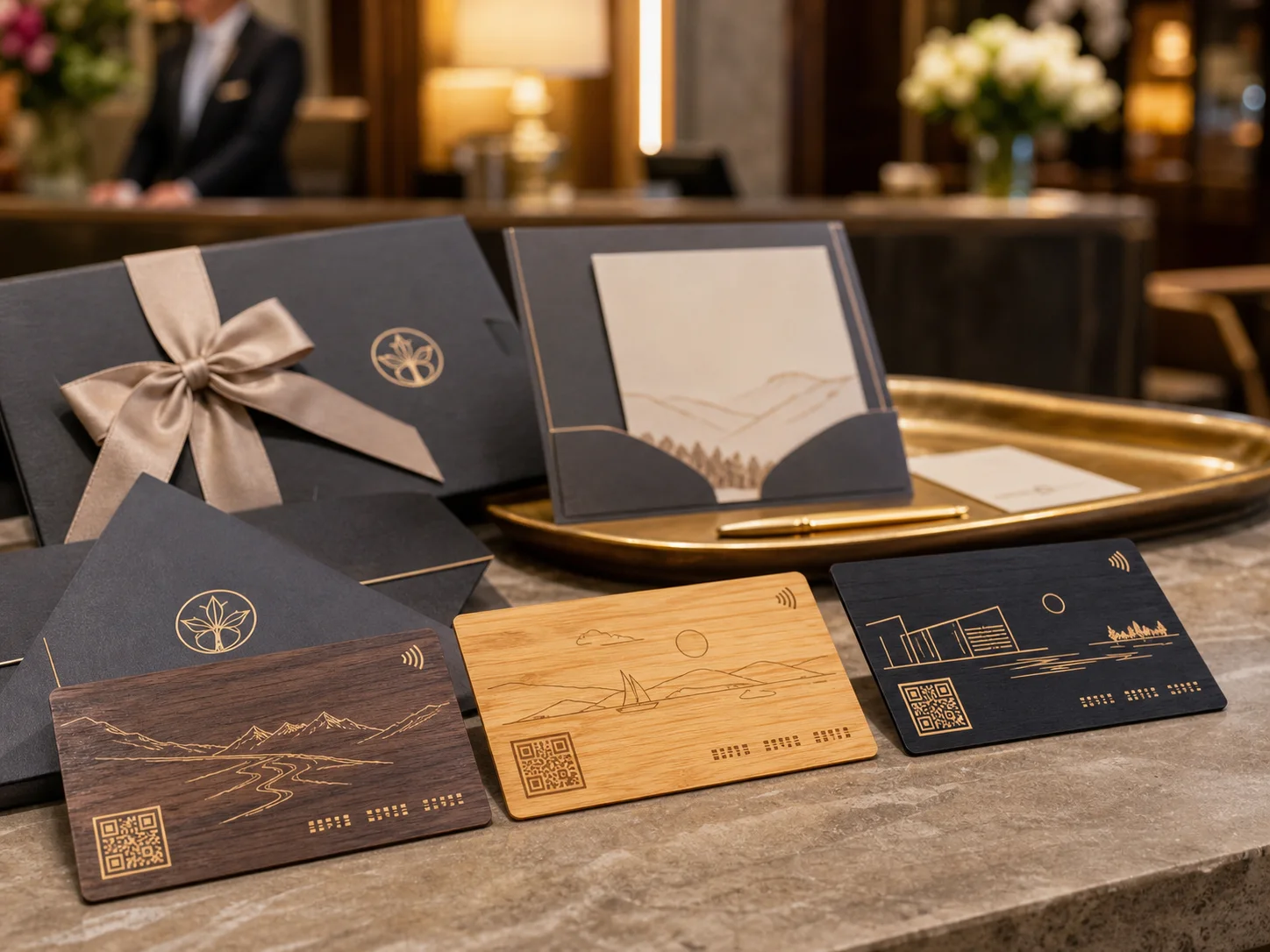 Hospitality experience wooden gift cards packaged with envelopes and a presentation tray