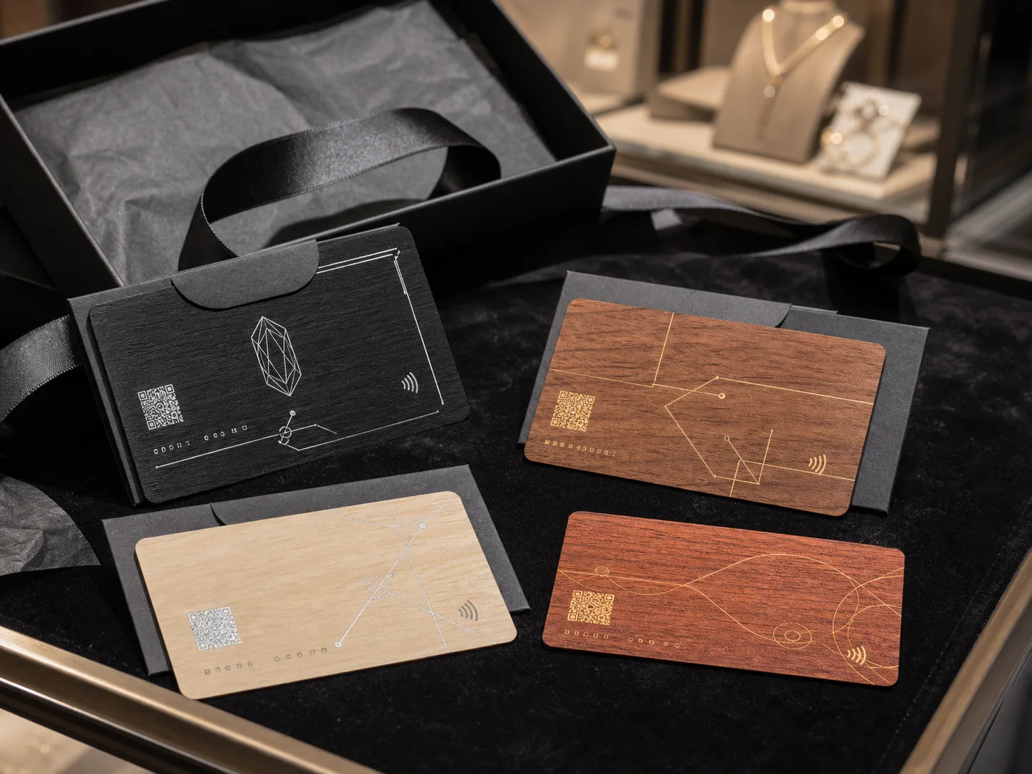 Luxury retail wooden gift cards in black, walnut, birch, and cherry finishes