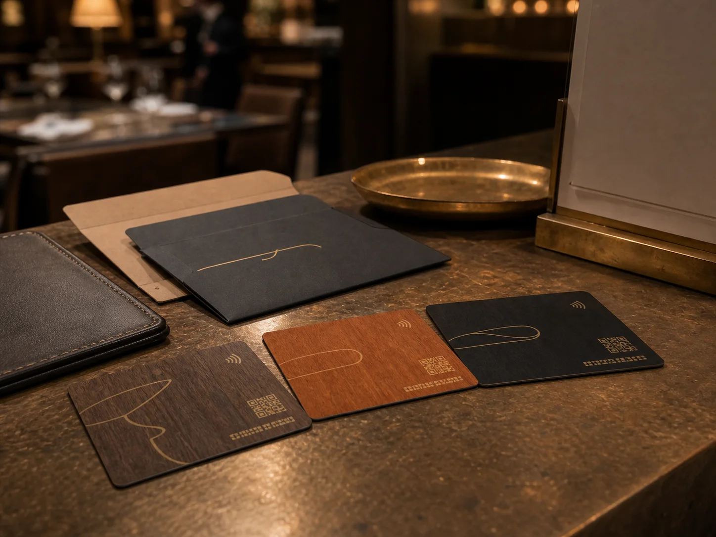 Thin wooden restaurant gift cards with sleeves at a host counter