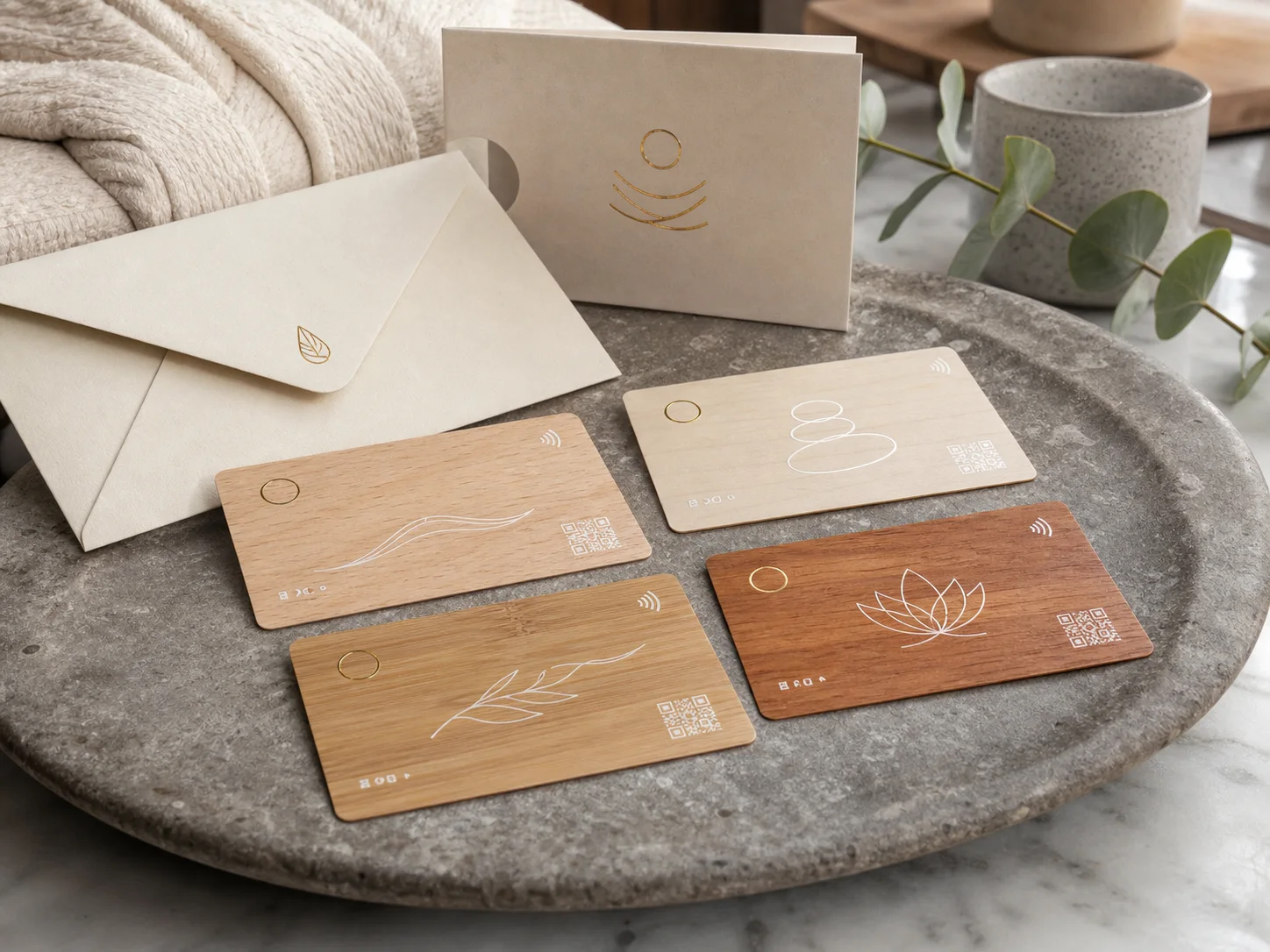 Thin wooden spa gift cards arranged with envelopes and wellness packaging