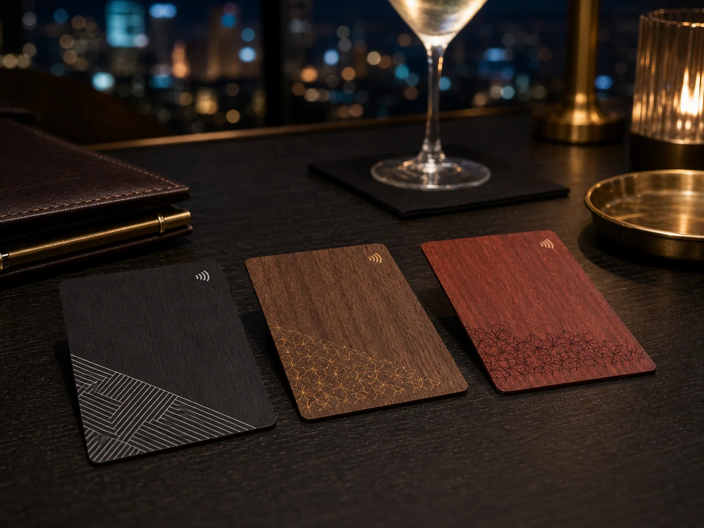 Luxury dark wood hotel key cards on a rooftop bar table