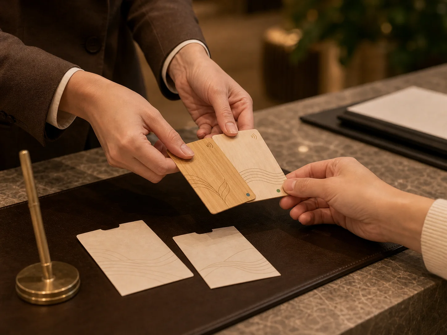 Thin bamboo and birch wooden hotel key cards handed over at check-in