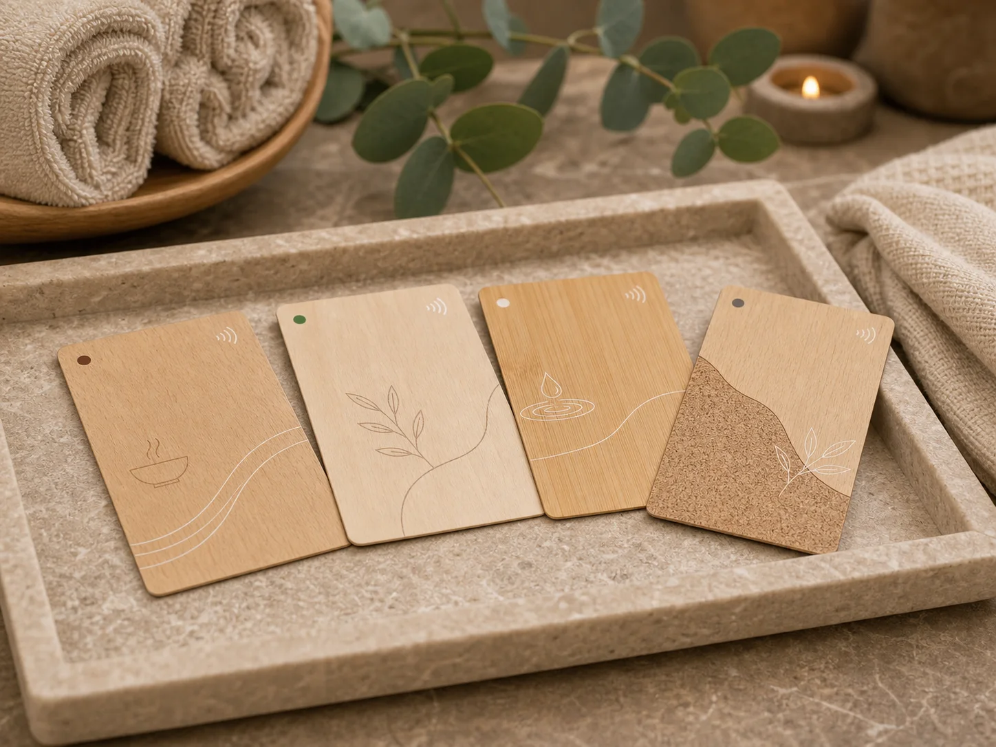 Thin wood spa hotel key cards arranged on a wellness tray