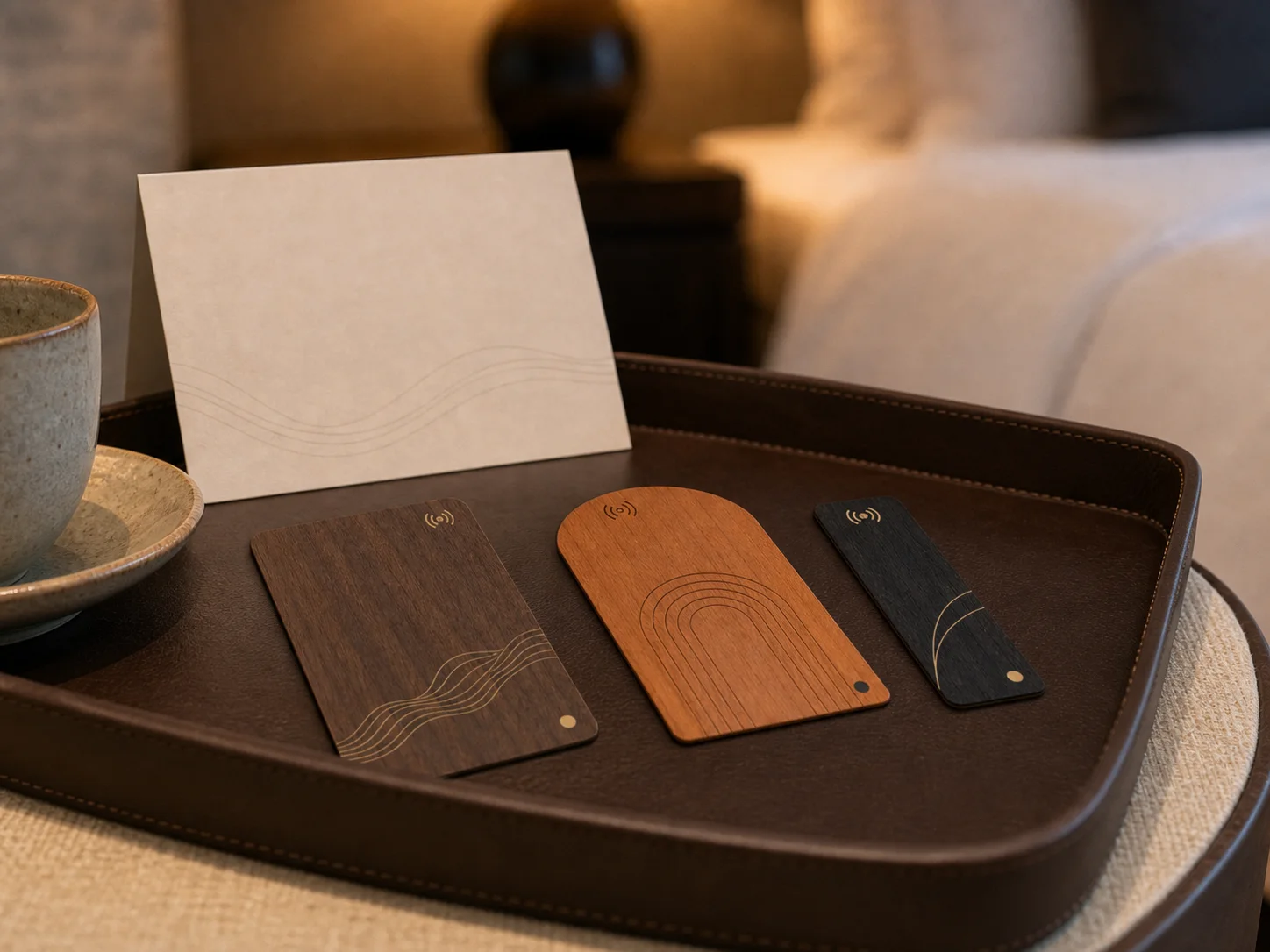 Custom shaped thin wooden hotel key cards on a guest room welcome tray