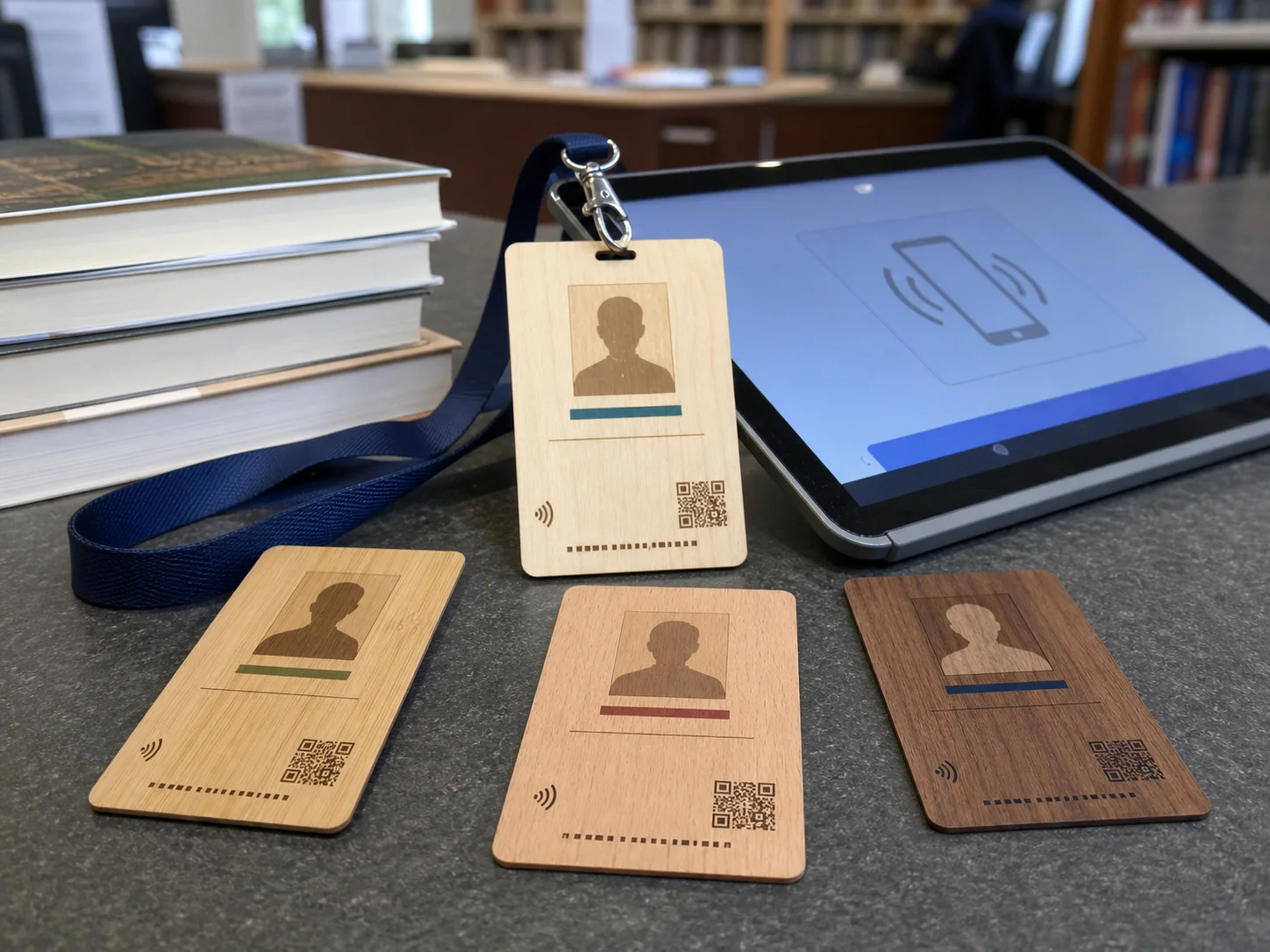 Thin wooden campus ID cards for library and lab access