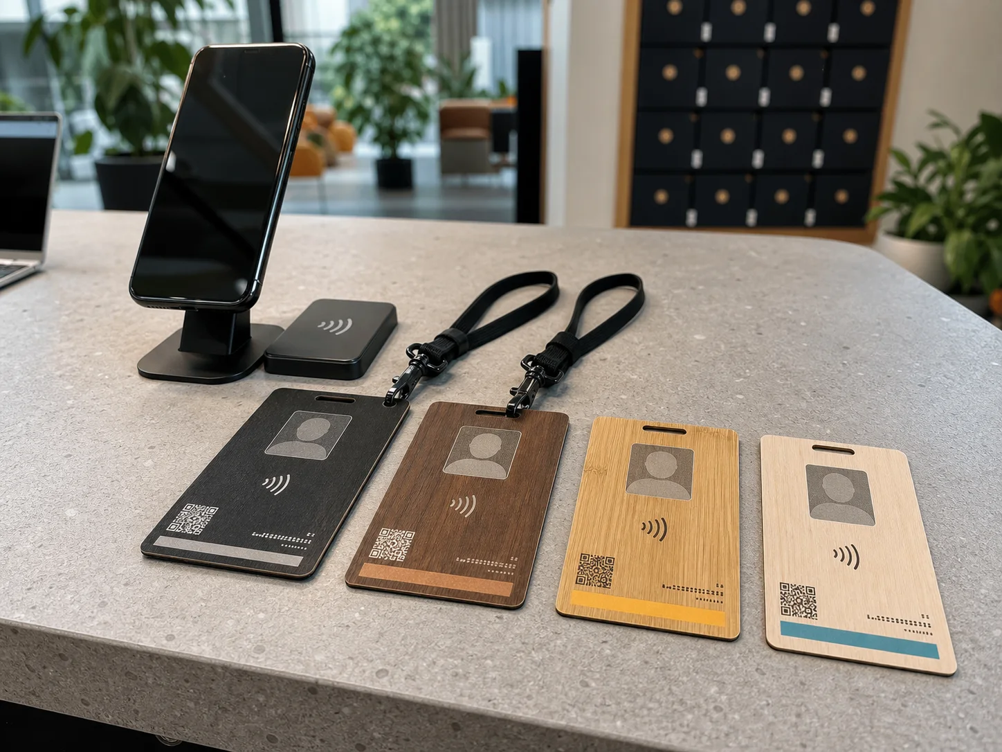 Thin wooden coworking ID cards beside a phone and reader