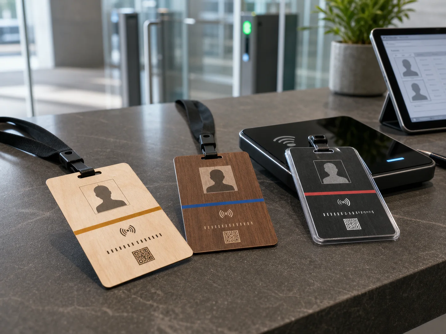 Thin wooden staff ID cards at an office access desk