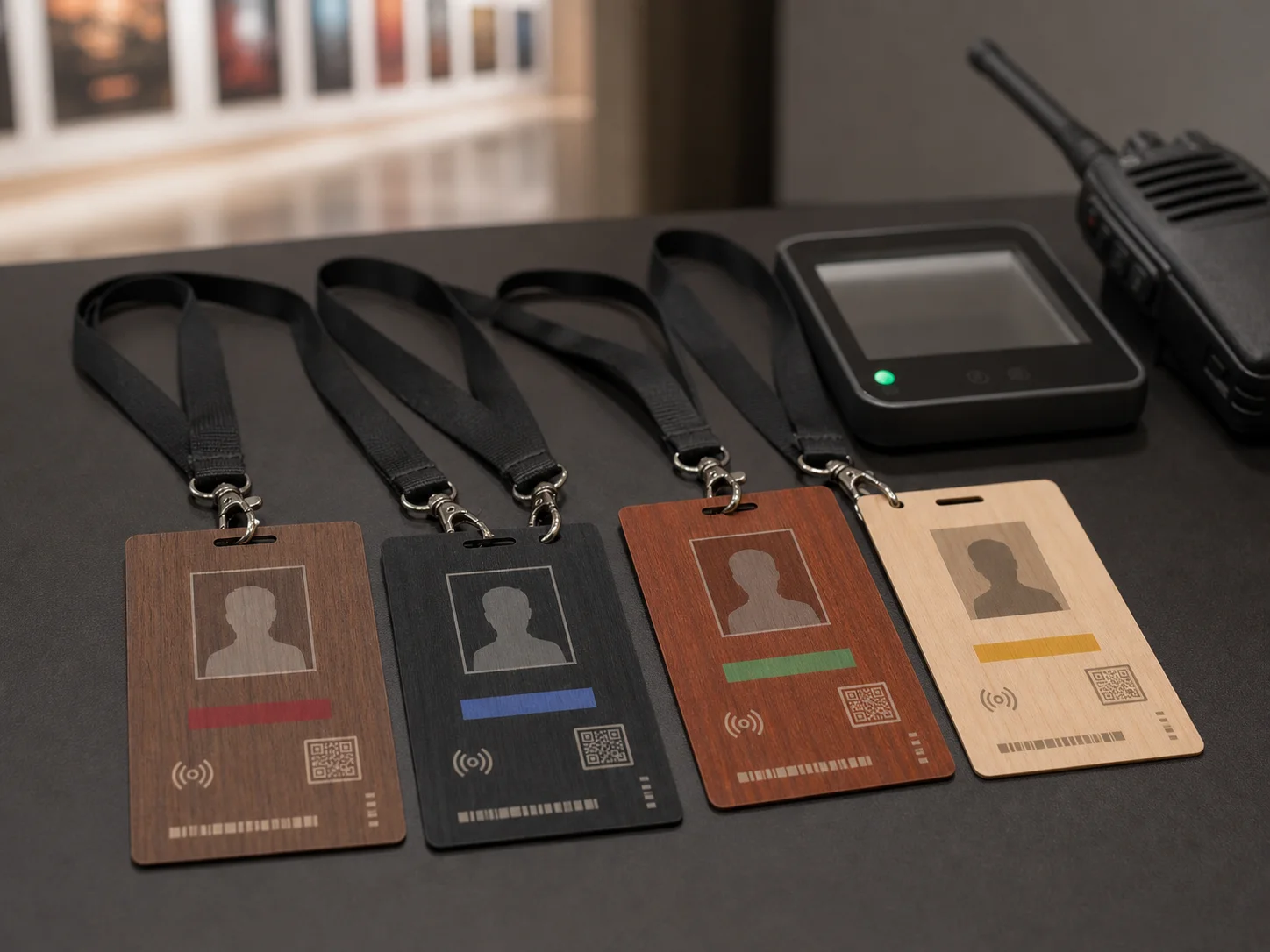 Thin wooden venue staff passes with lanyards and scanner