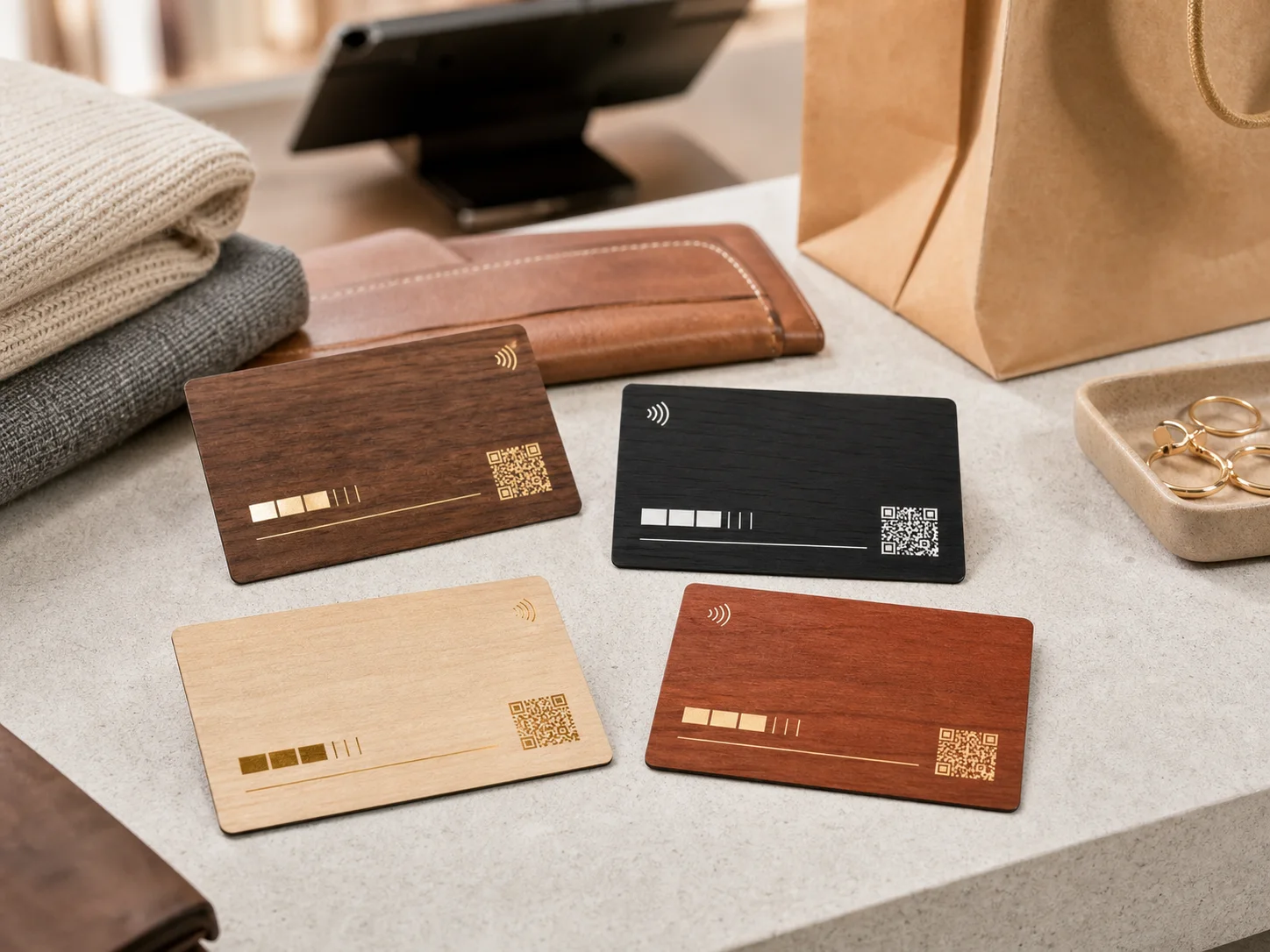 Premium boutique retail wooden loyalty cards near checkout packaging