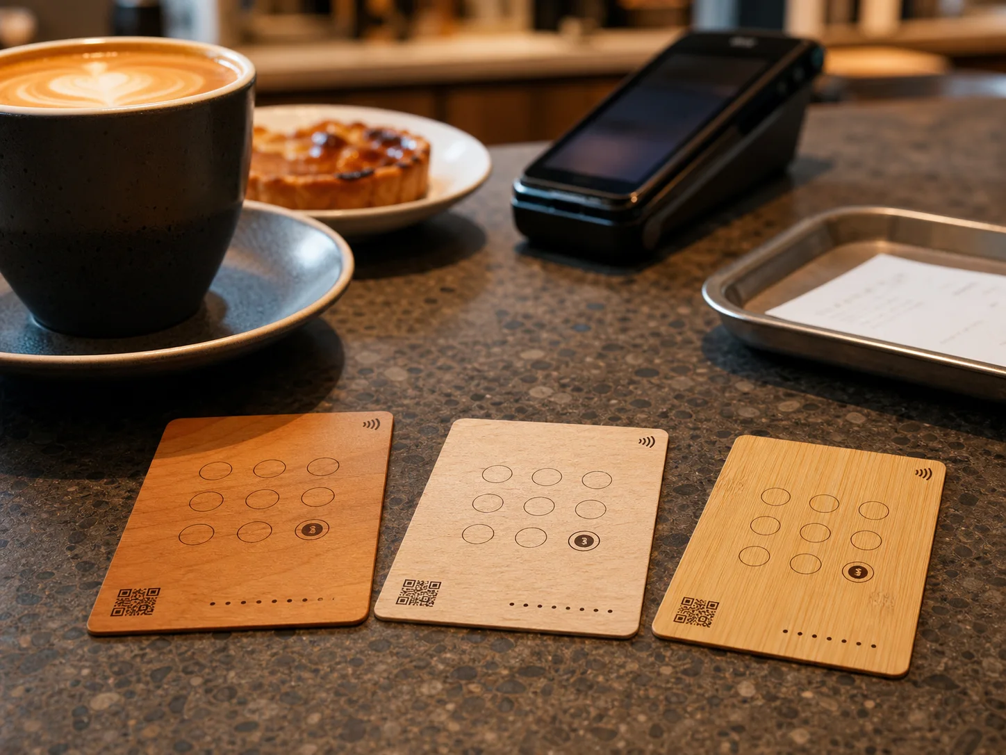Thin wooden loyalty cards at a specialty coffee counter