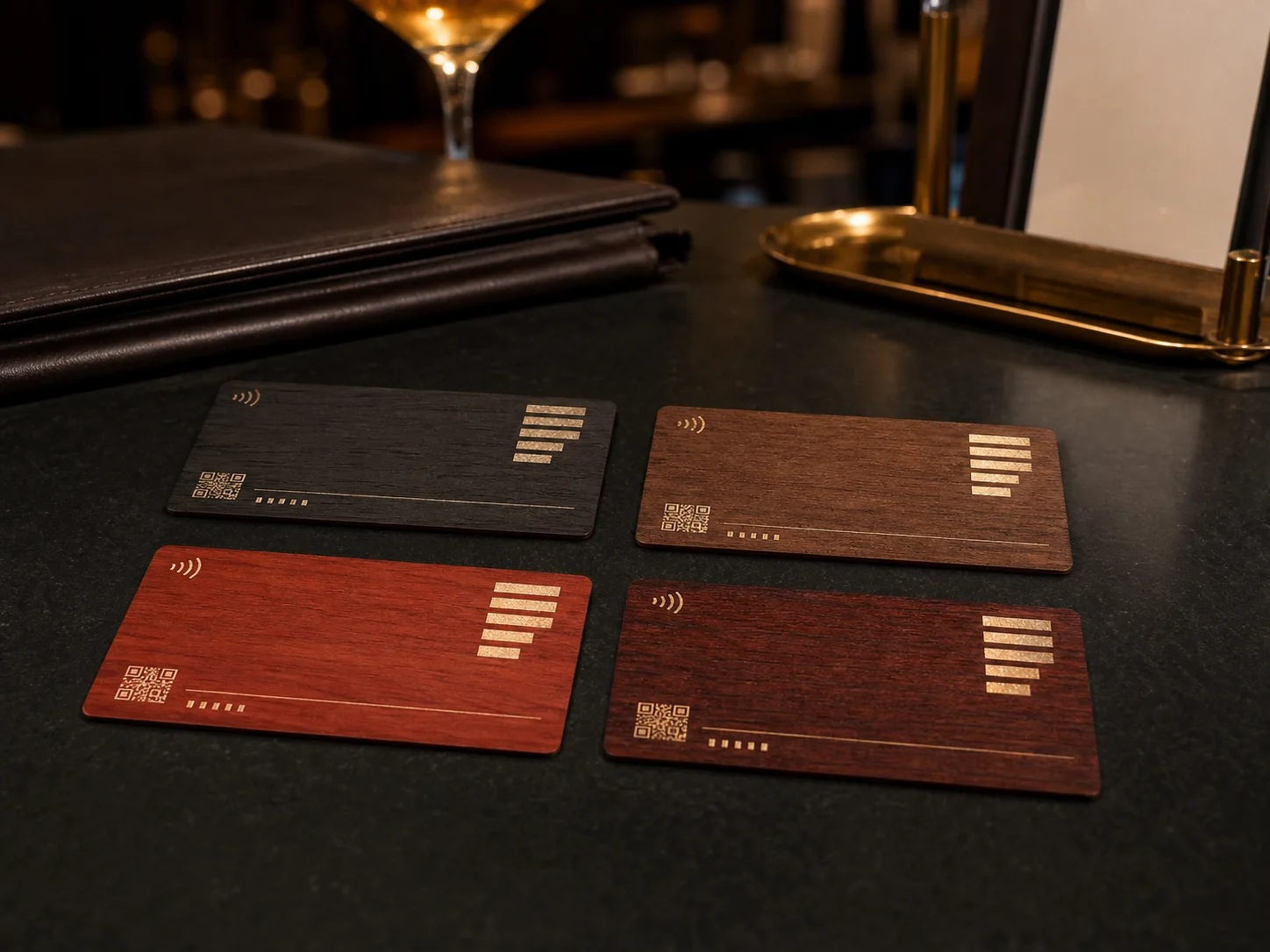 Dark wooden restaurant and bar loyalty cards with VIP tier details