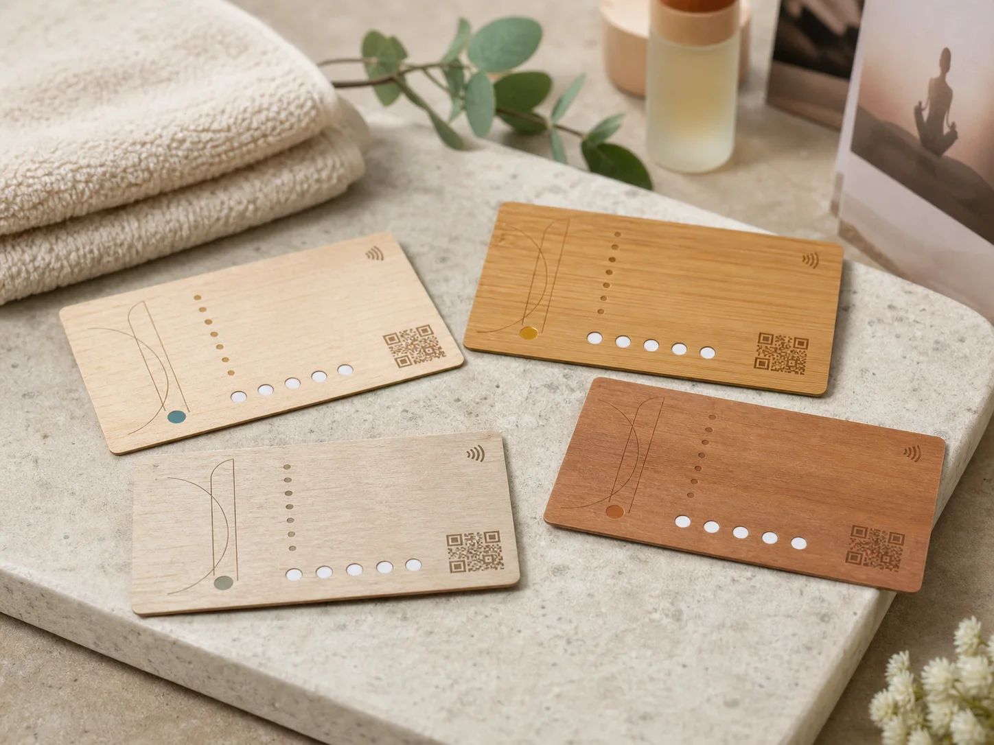 Thin wooden spa and wellness loyalty cards on a stone tray