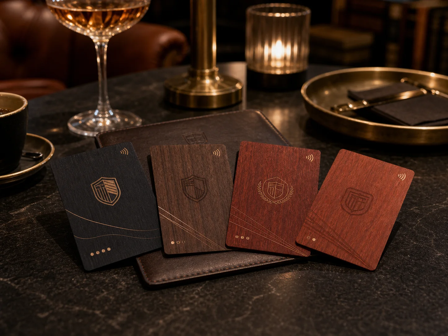 Premium wooden private members club cards in a lounge setting