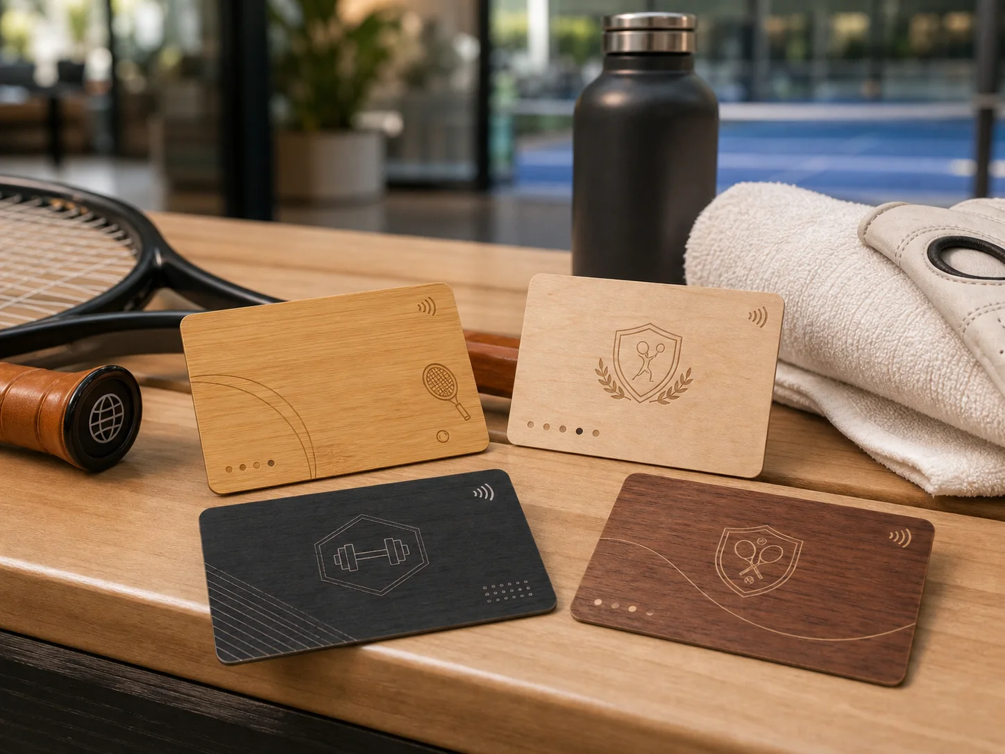 Thin wooden sports club membership cards with tennis and fitness details
