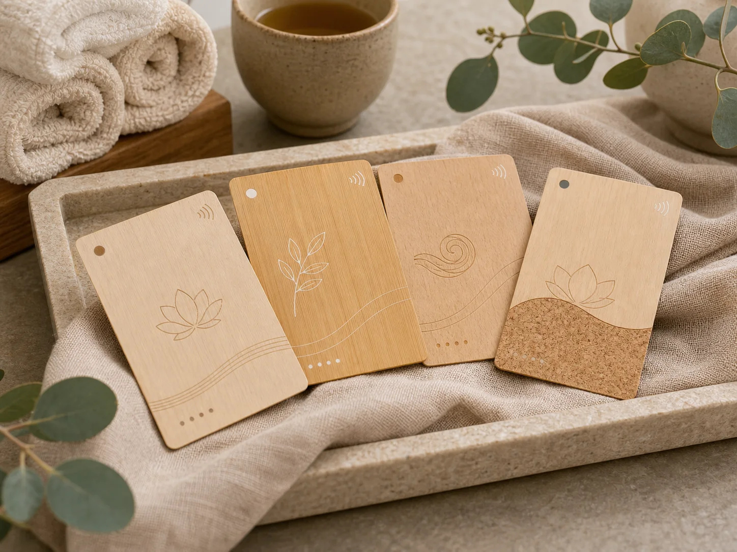Pale wooden wellness club and spa membership cards on a stone tray