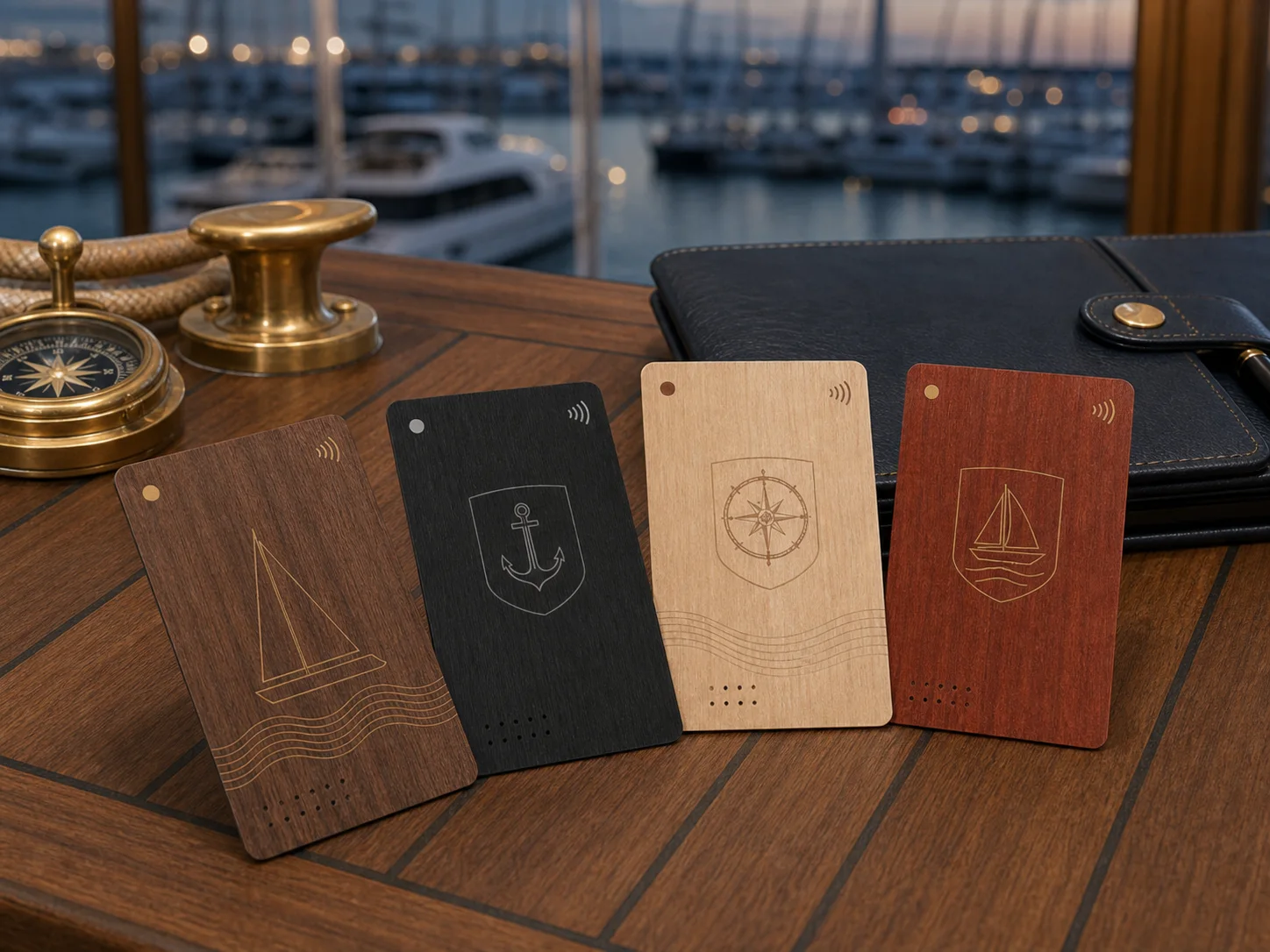 Elegant wooden yacht club membership cards on a marina lounge table