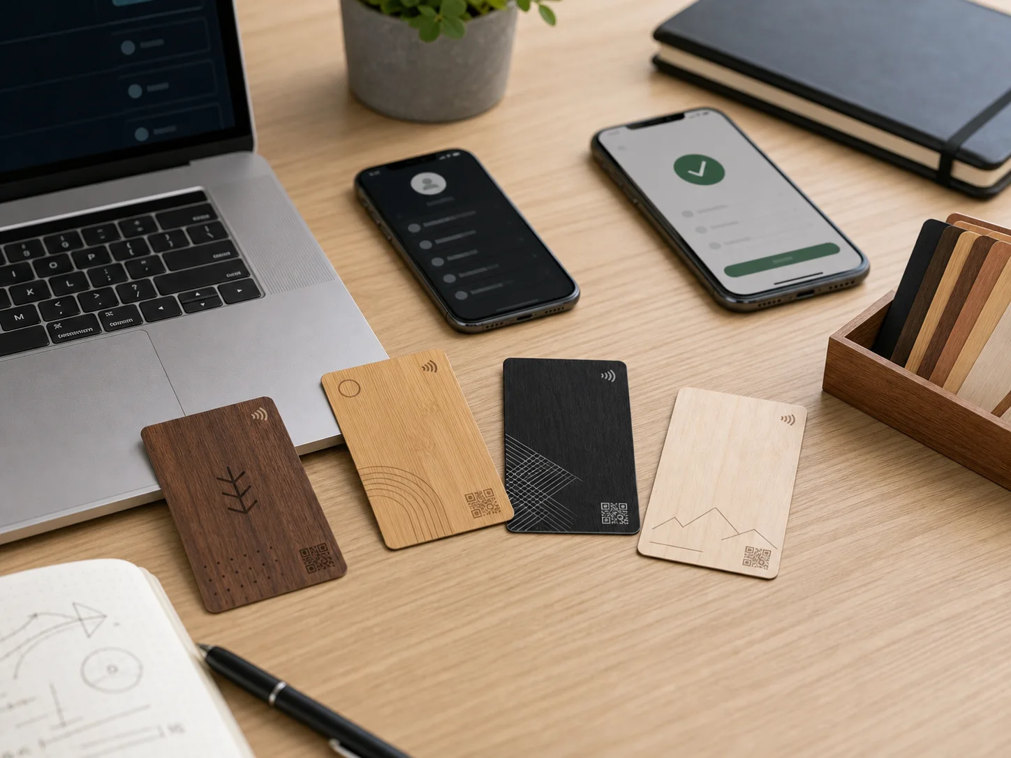 Wood NFC business cards beside sales devices