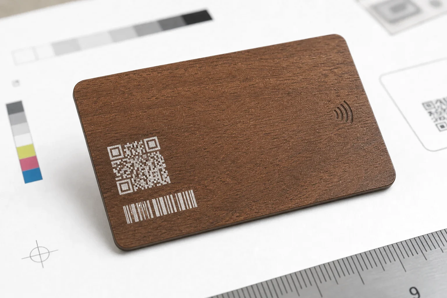 Sapele card back with QR and serial zone