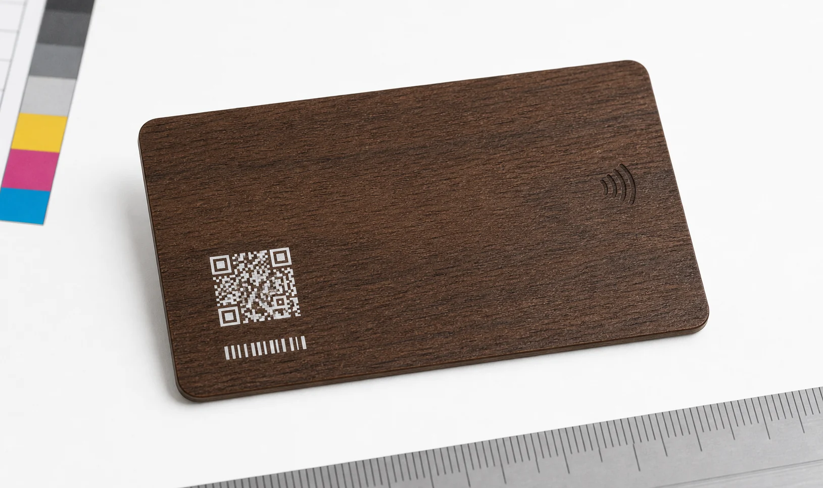 Walnut card back with QR and serial zone