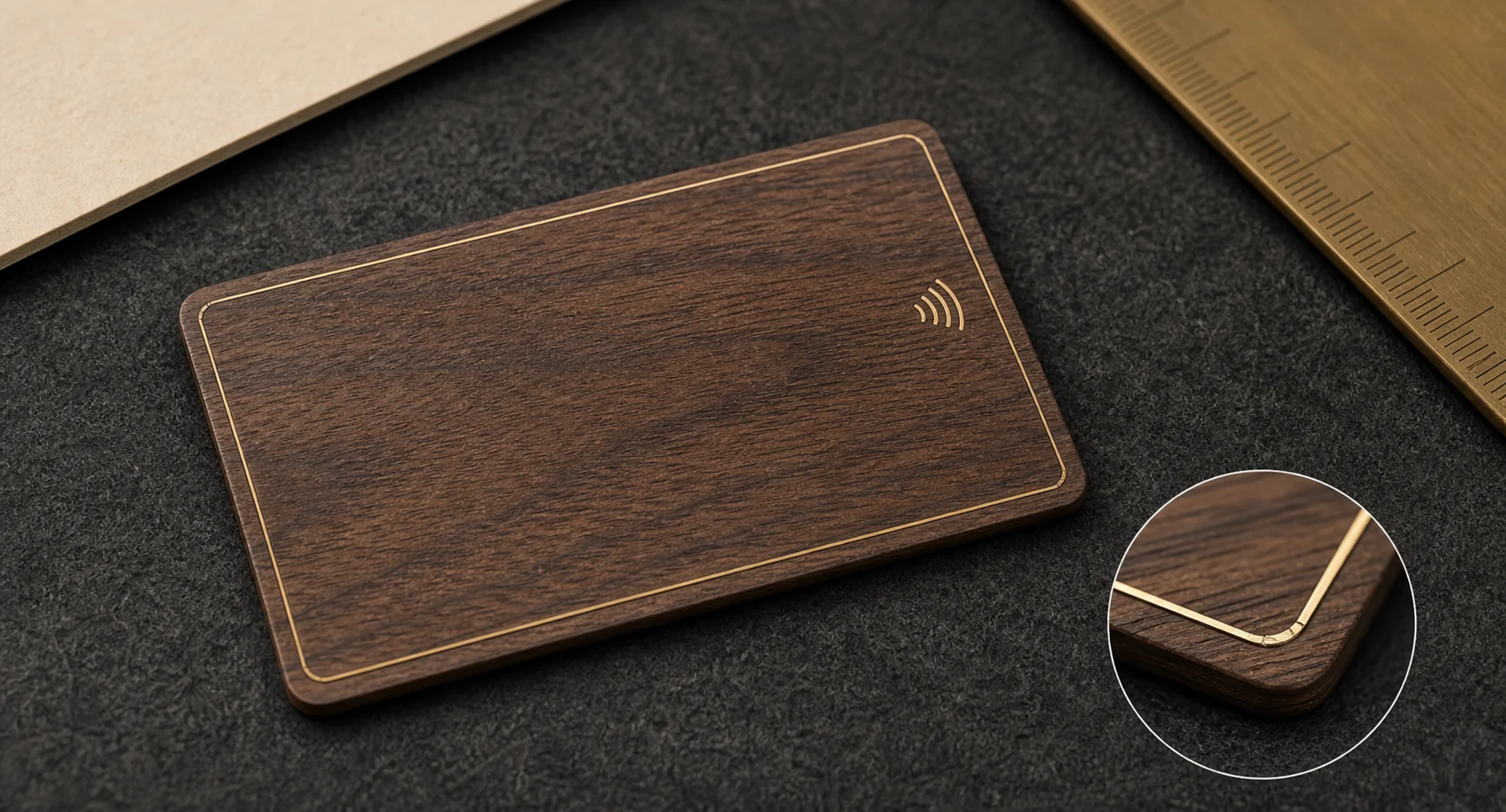 Gold foil line on walnut wooden RFID card
