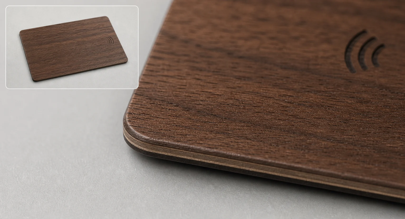 Walnut wooden RFID card edge macro detail