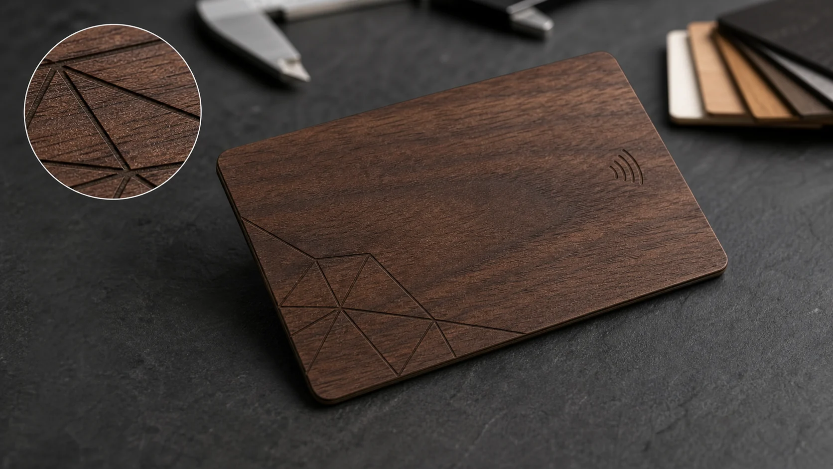 Tone-on-tone laser linework on walnut wooden RFID card