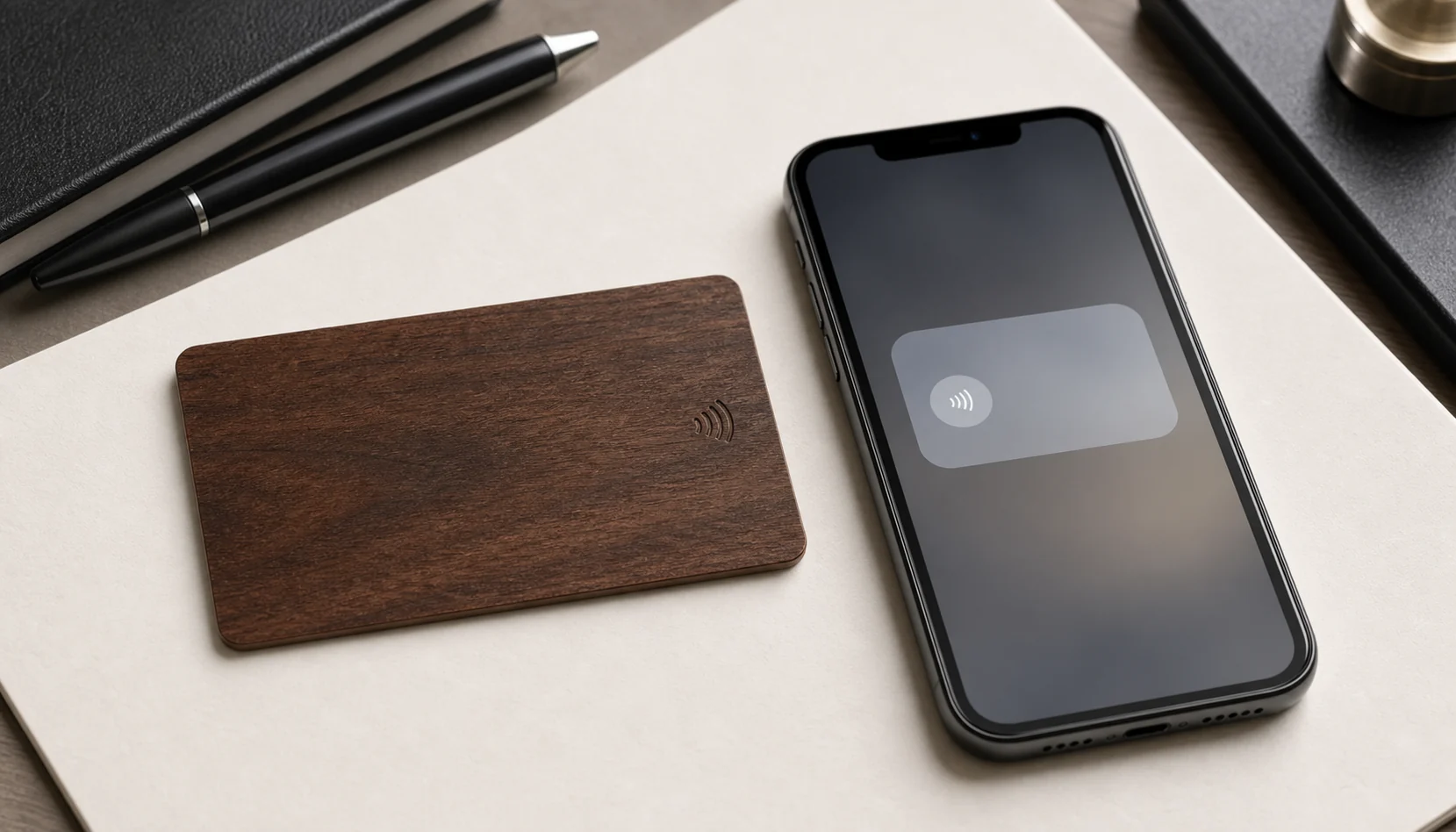 Walnut NFC card beside smartphone