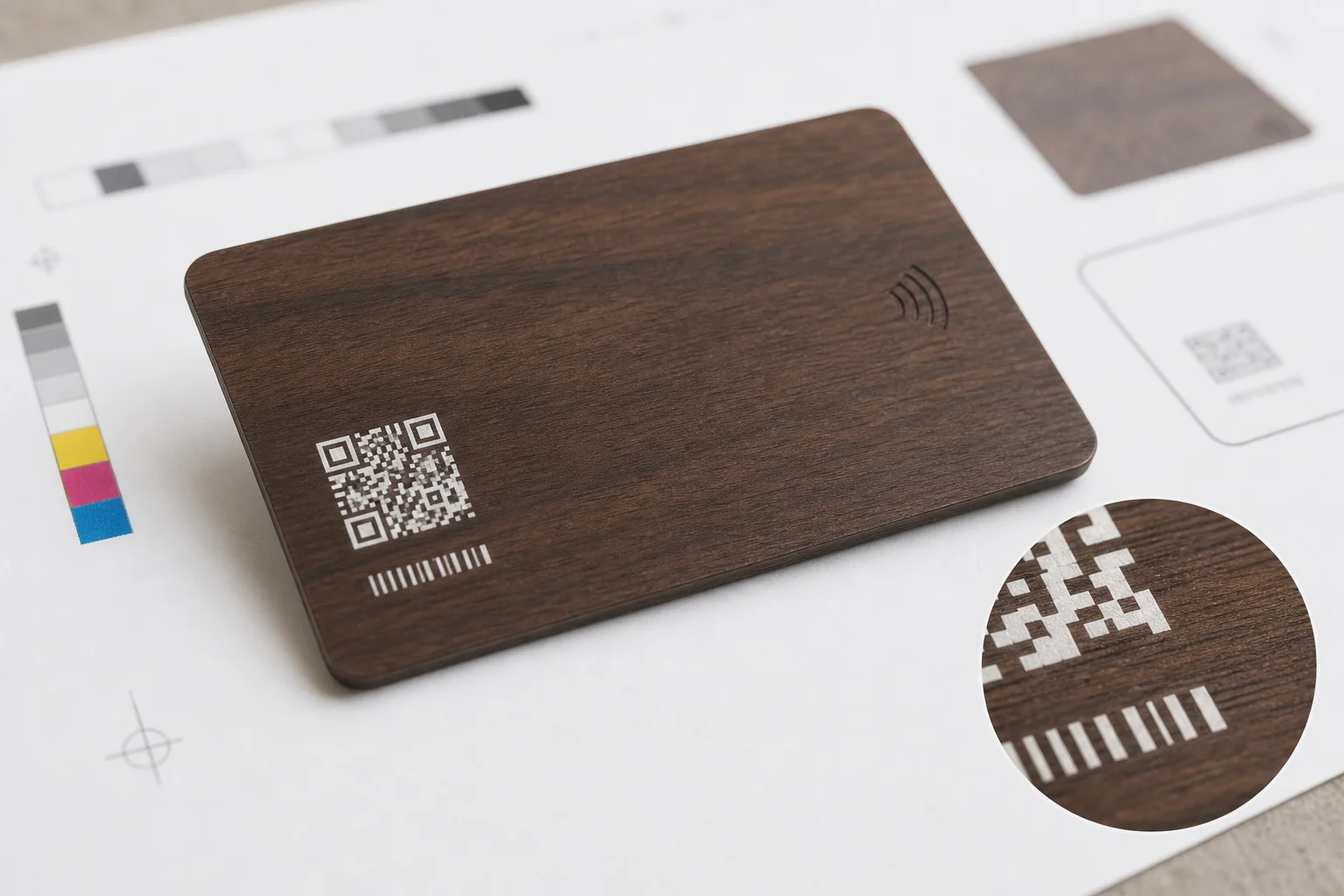 Walnut wood RFID card with QR code serial data and white print